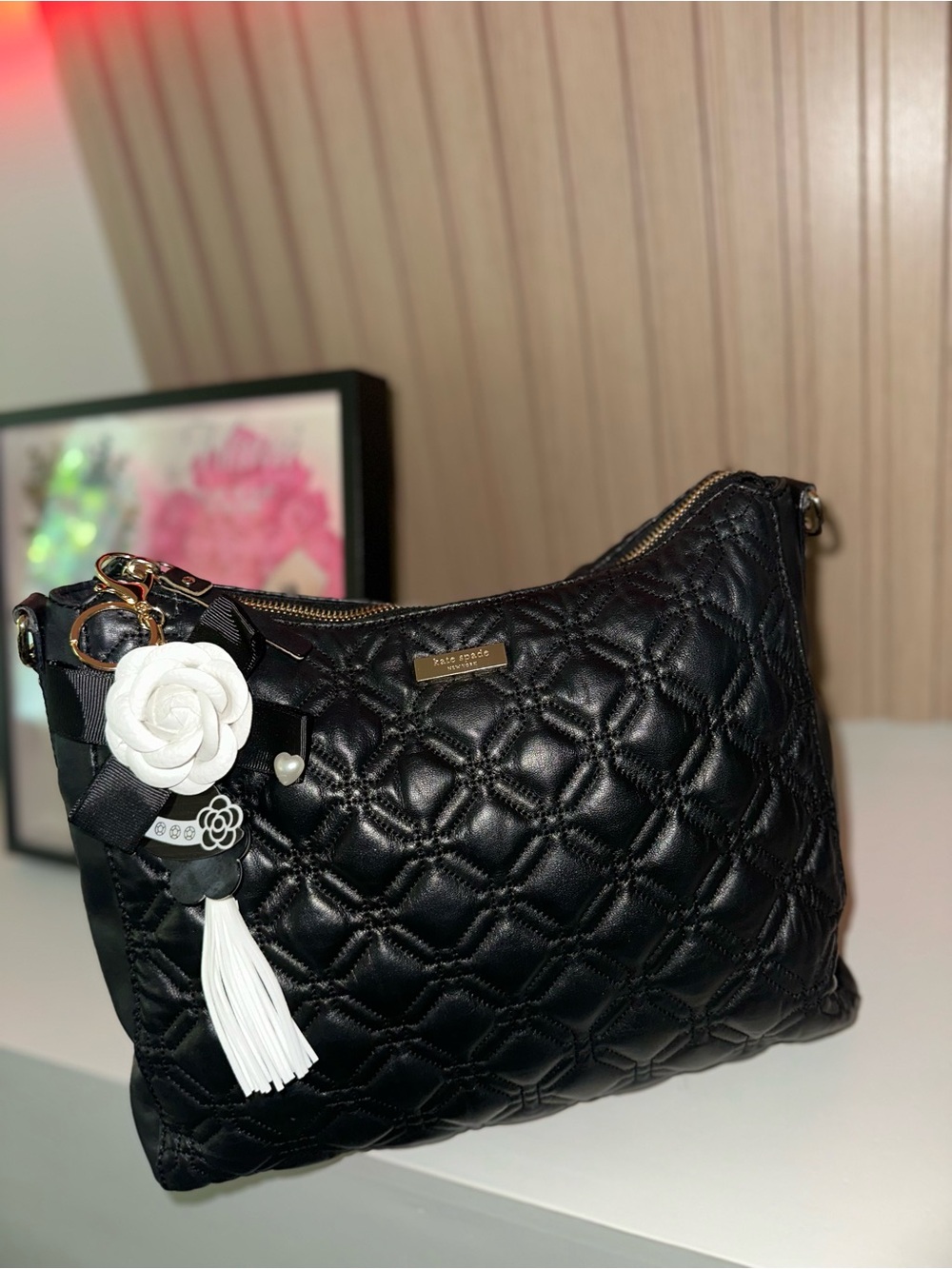 kate spade Astor Court Aurelia Quilted Black Shoulder Bag with charm and pillow.